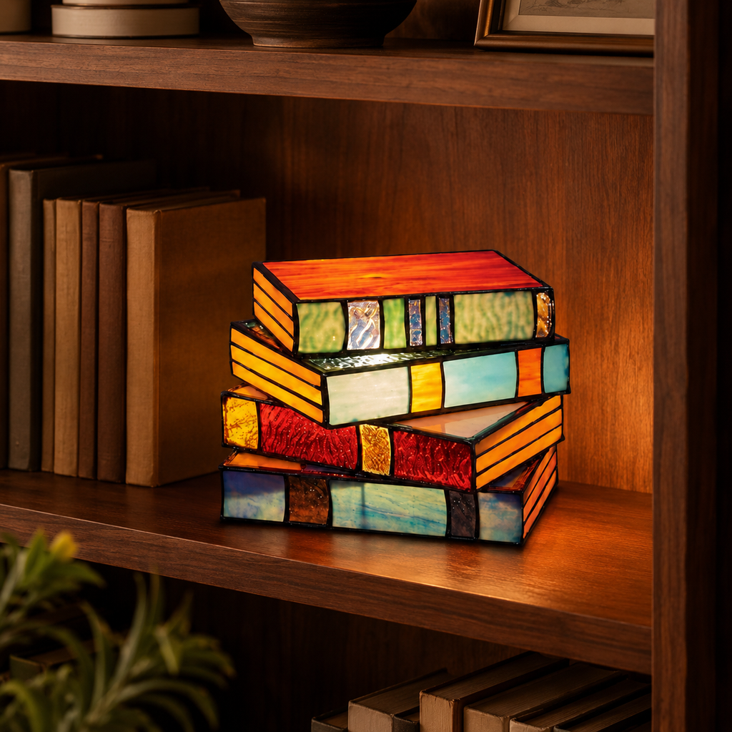 Book LED Table Lamp styled on a warm premium bookshelf