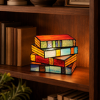 Book LED Table Lamp styled on a warm premium bookshelf