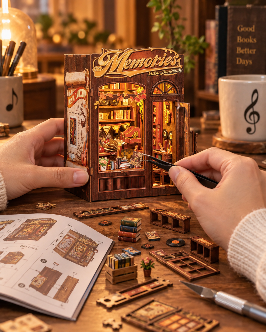 Bookstore Memories music bookshop being assembled by hand with miniature parts