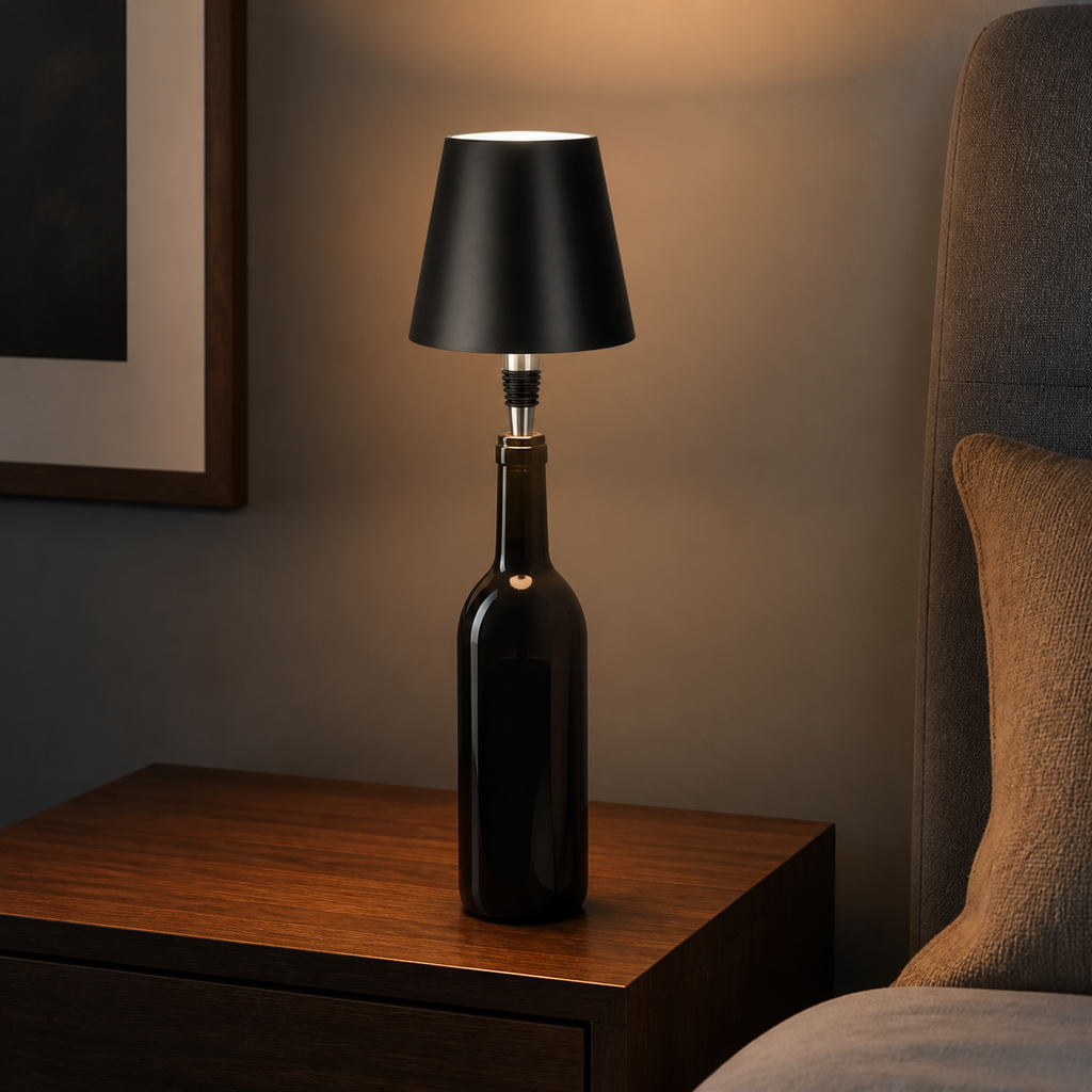 Black metal tip bottle lamp on a bedside table