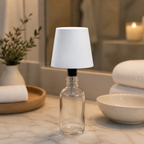White metal tip bottle lamp on a bathroom vanity