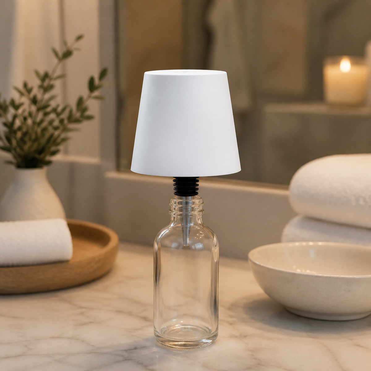 White metal tip bottle lamp on a bathroom vanity