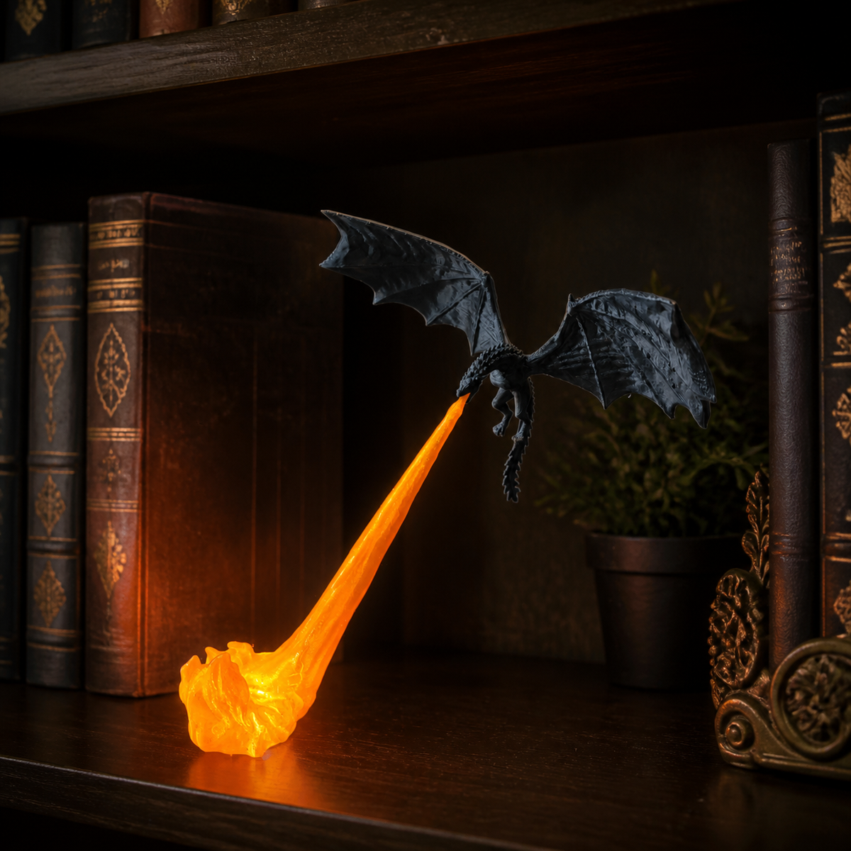 Black dragon decor with red flame