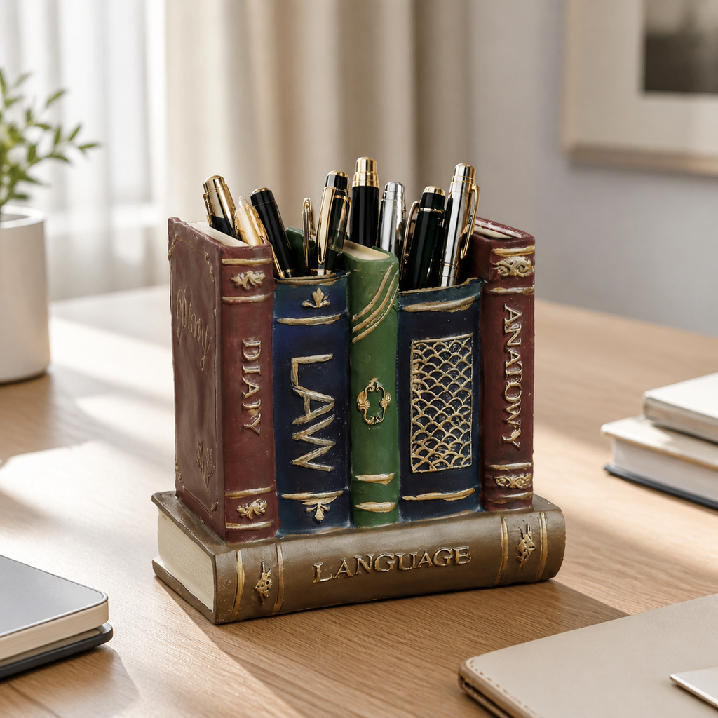 Vintage book-shaped pen holder in a bright home office