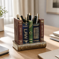 Vintage book-shaped pen holder in a bright home office