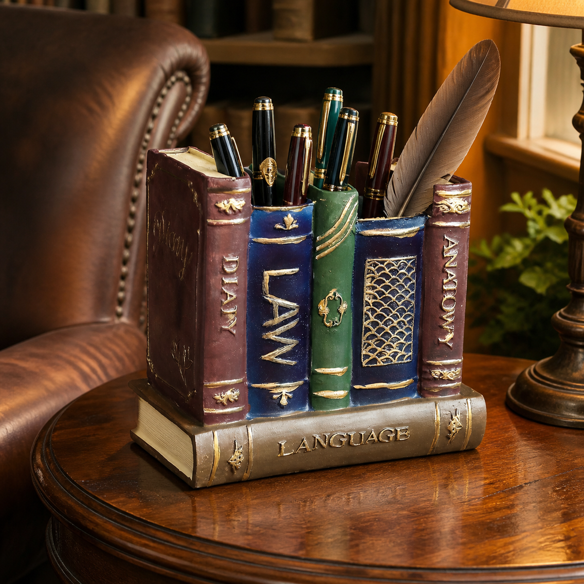 Vintage book-shaped pen holder in a cozy reading nook