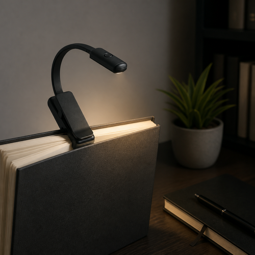 Black clip-on reading light on a study desk
