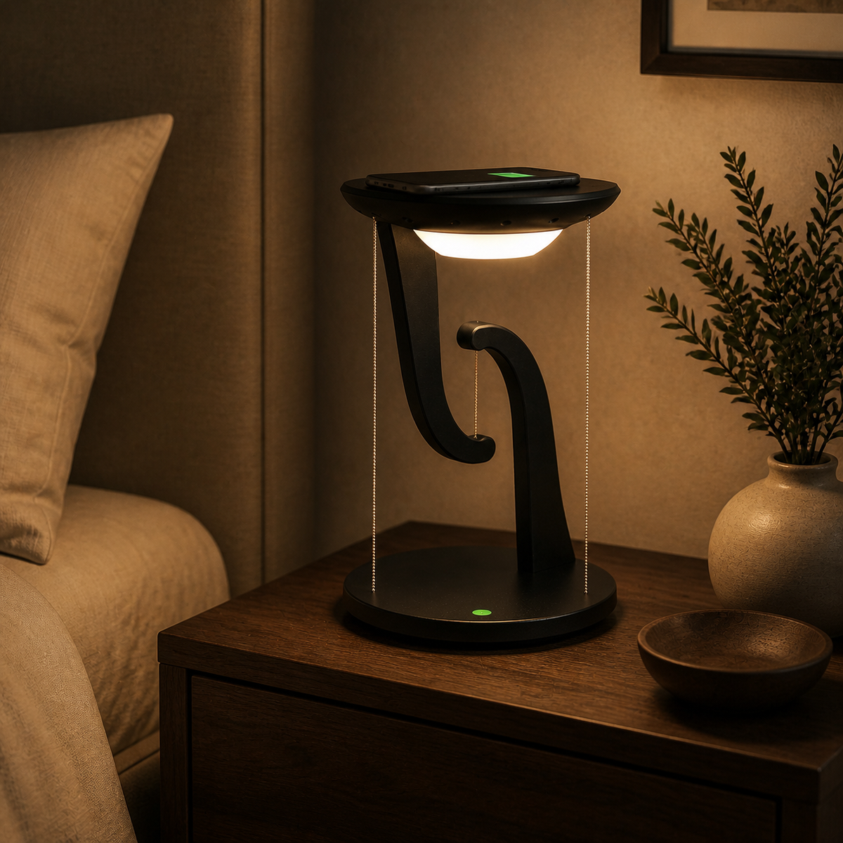 Black wireless charging suspension lamp in a bedroom
