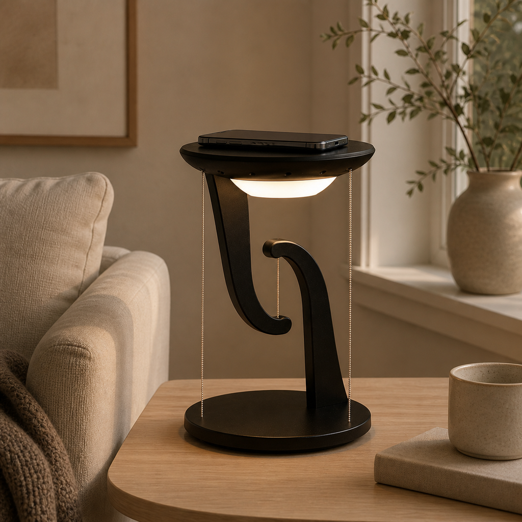 Black wireless charging suspension lamp in a living room