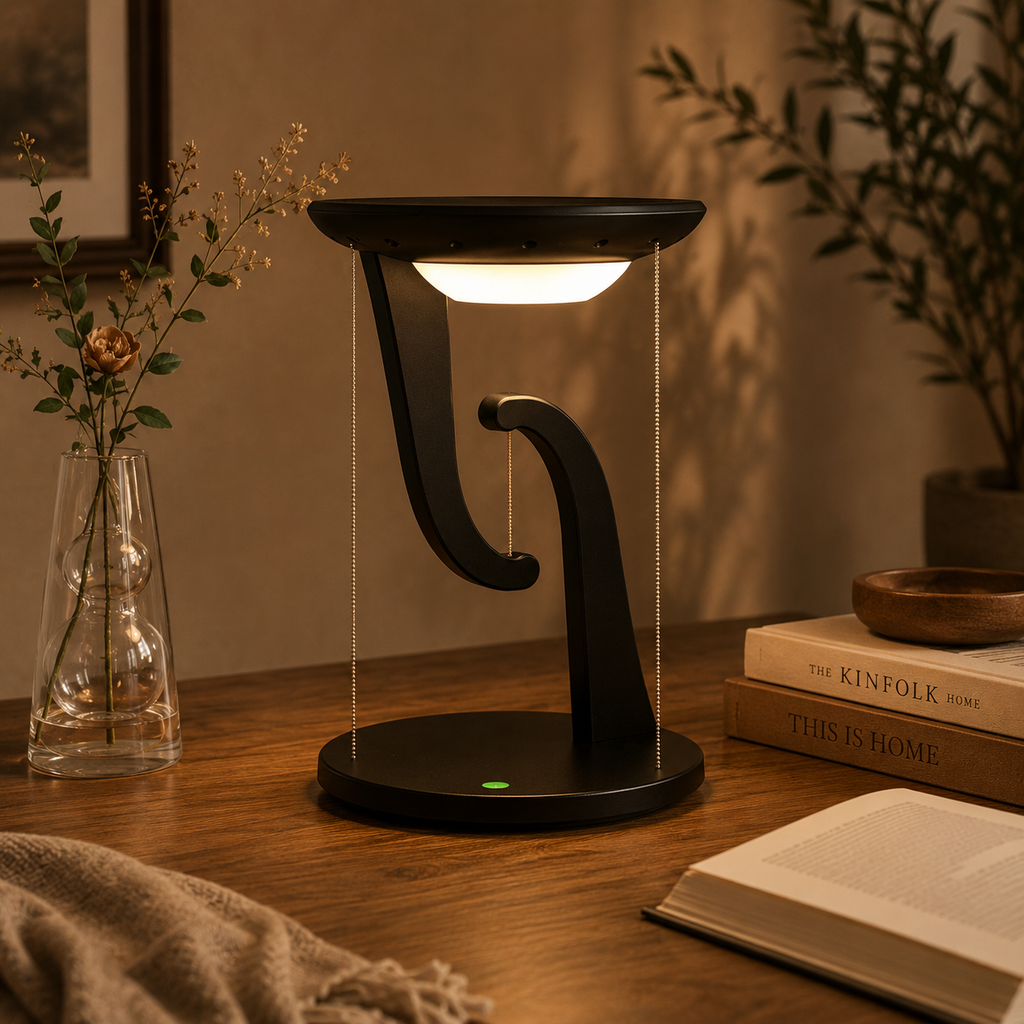 Black suspension table lamp in a warm Civohome interior