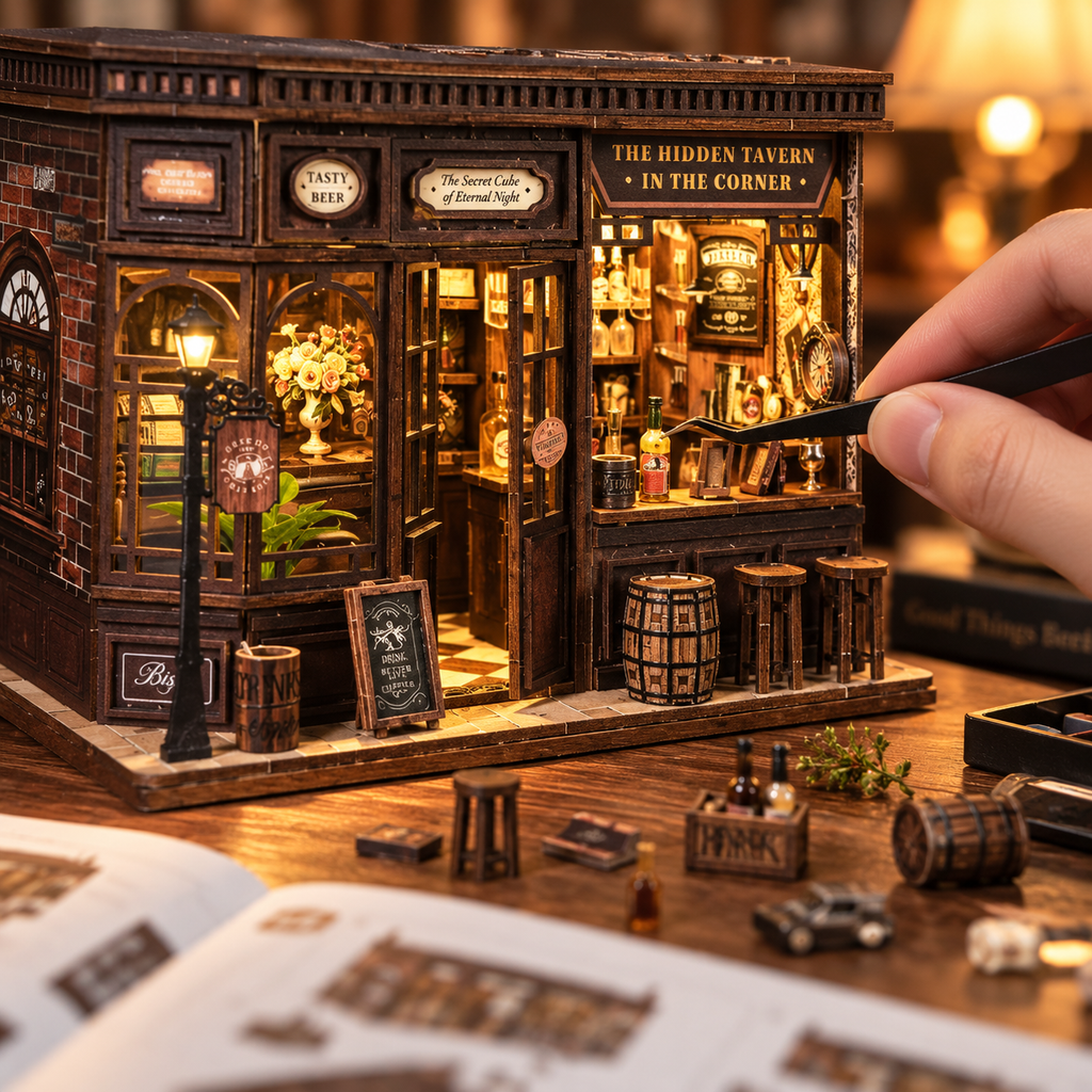 DIY Corner Bistro build process close-up with miniature details and tools