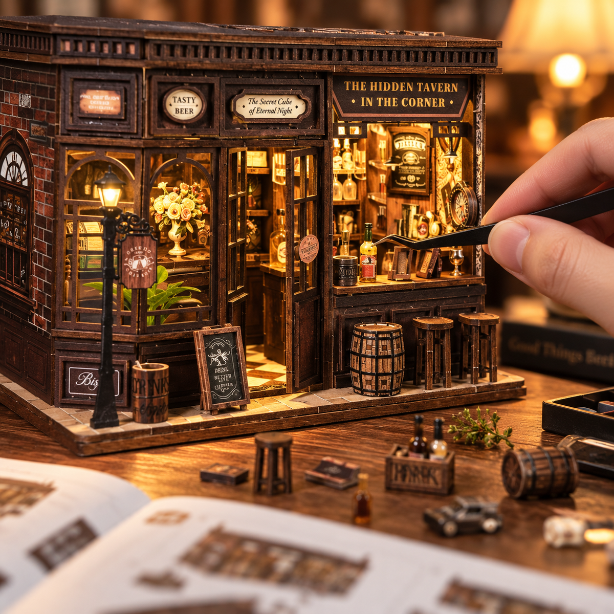 DIY Corner Bistro build process close-up with miniature details and tools