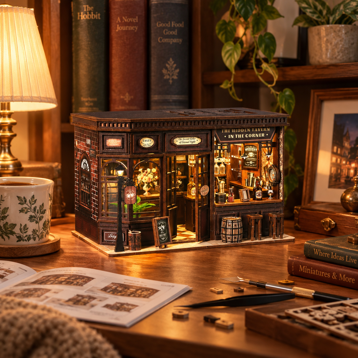 Finished DIY Corner Bistro model displayed in a warm library setting