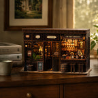 DIY Corner Bistro wooden miniature displayed in a warm home reading room