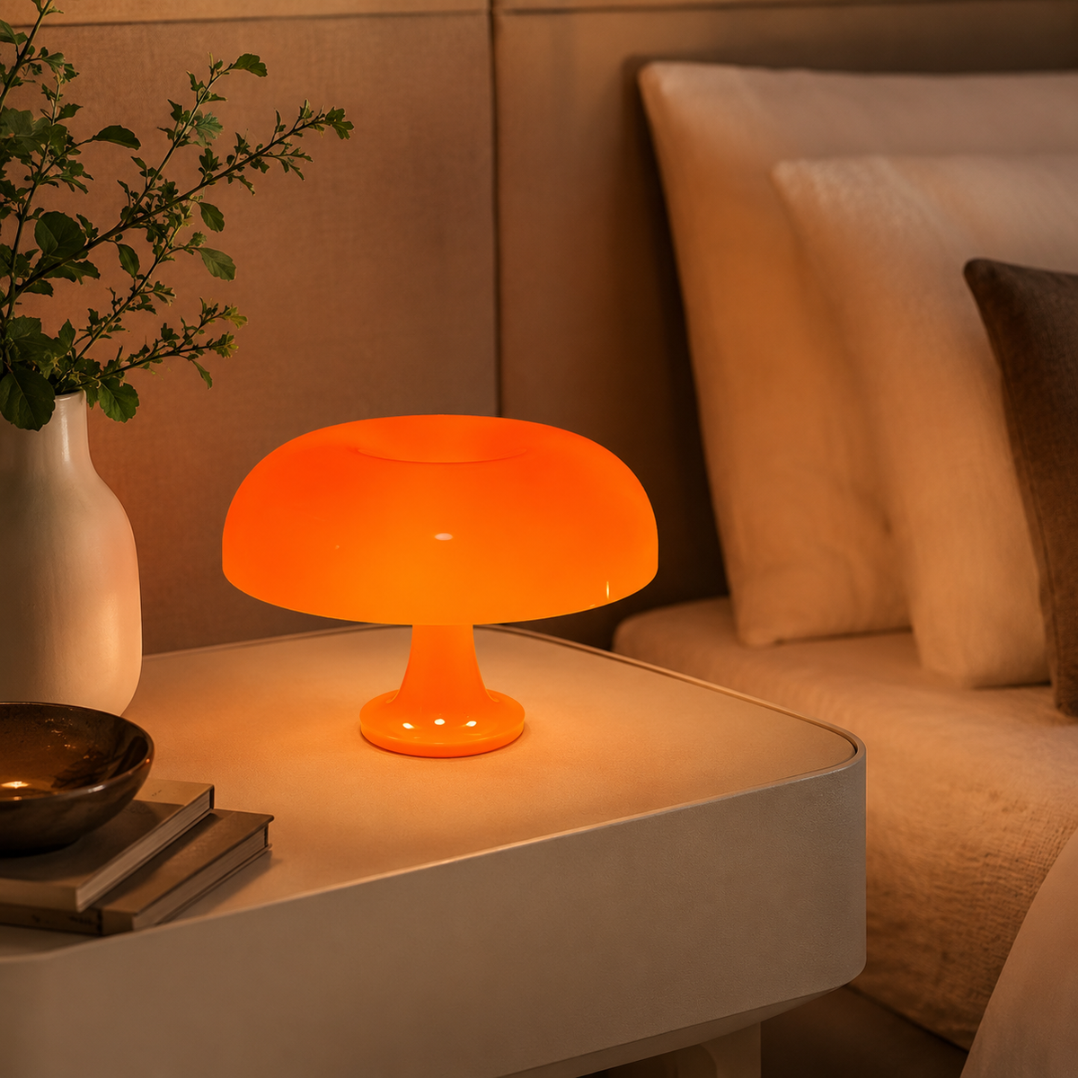Orange Danish Mushroom Night Light on a cozy bedside table