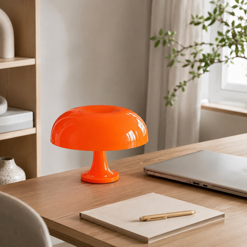 Orange Danish Mushroom Night Light in a bright home office