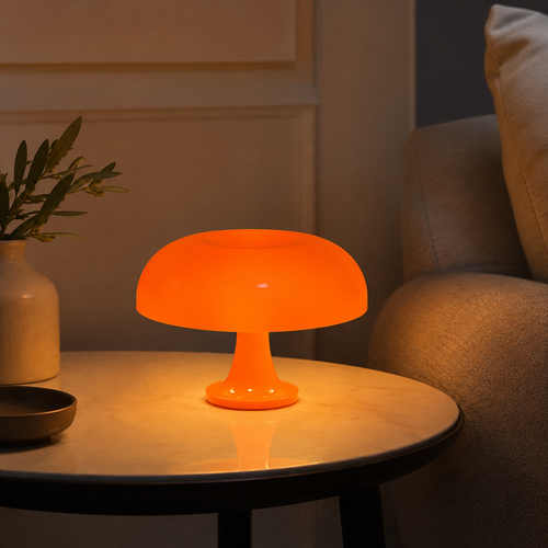 Danish Mushroom Night Light in orange in a warm living room