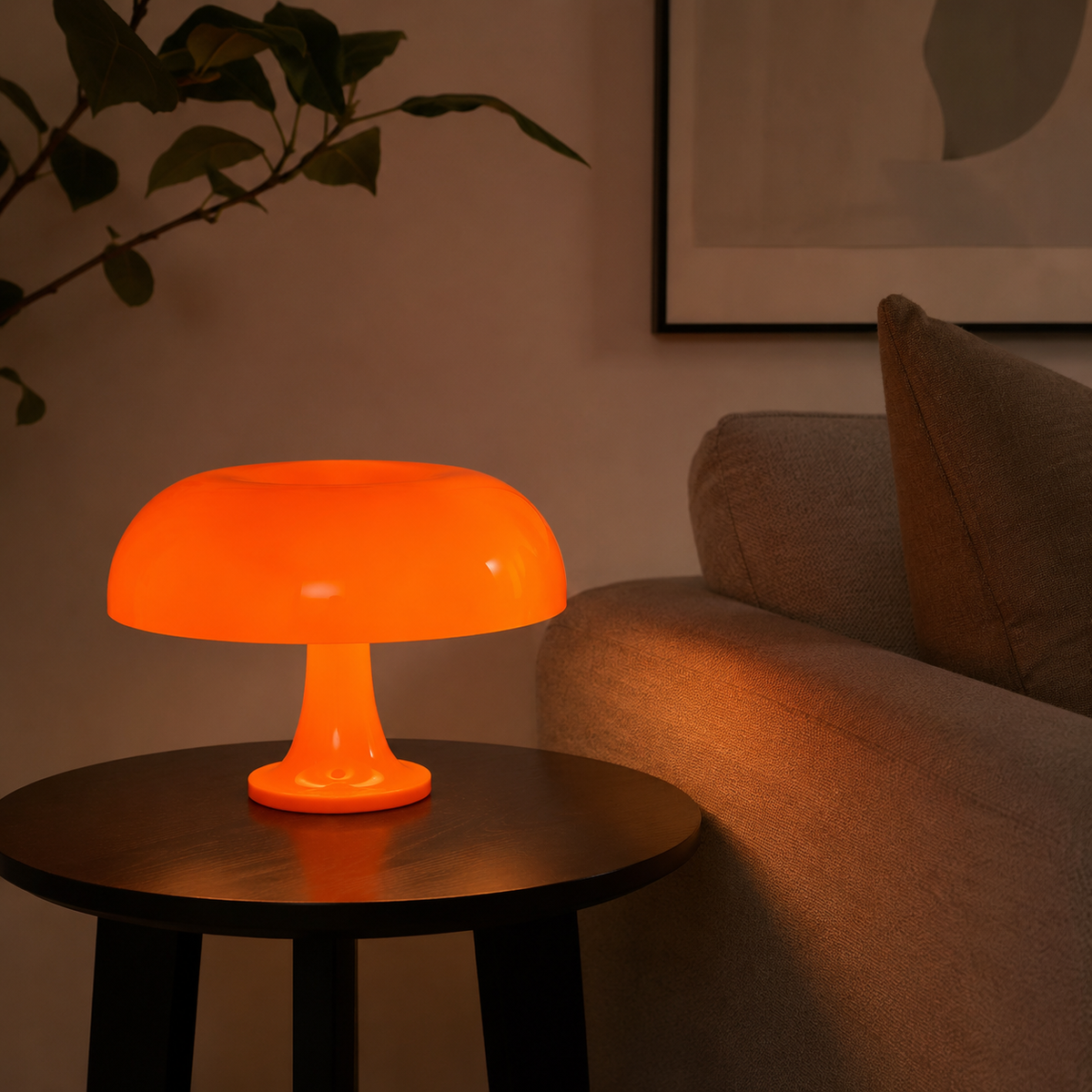 Orange Danish Mushroom Night Light in a cozy reading corner