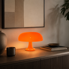 Orange Danish Mushroom Night Light on a premium sideboard