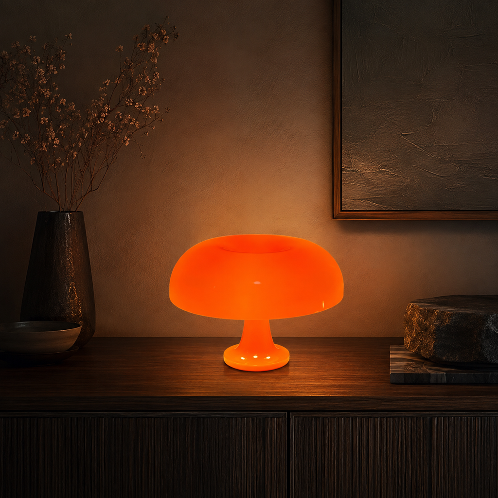 Glowing orange Danish Mushroom Night Light in a warm premium interior