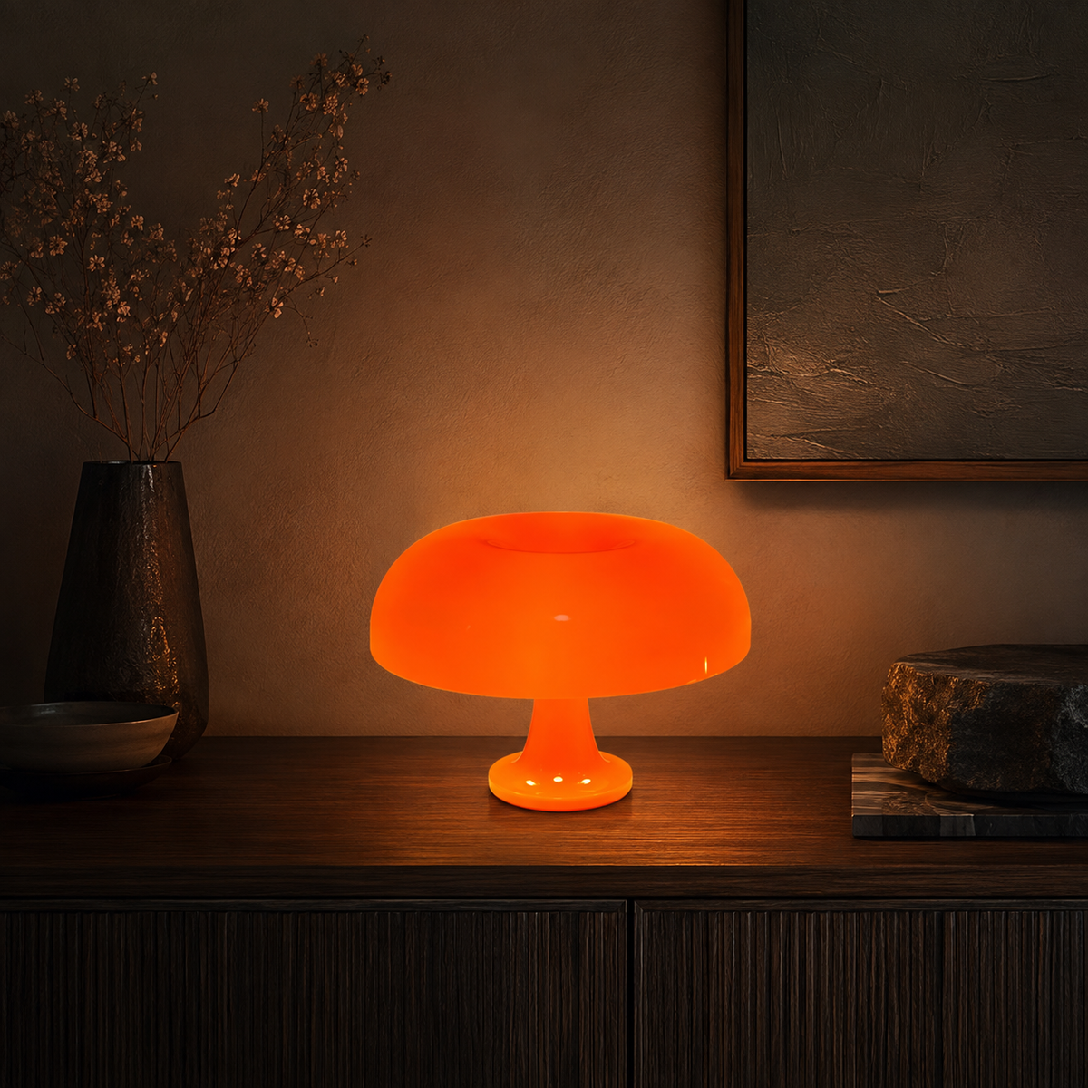 Glowing orange Danish Mushroom Night Light in a warm premium interior