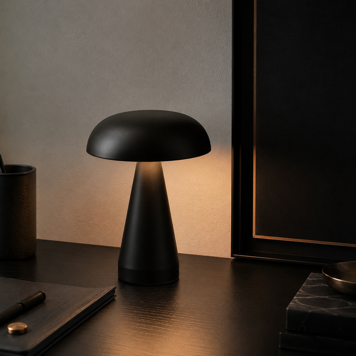 Danish Mushroom Touch Table Lamp Black in a dark premium desk setting