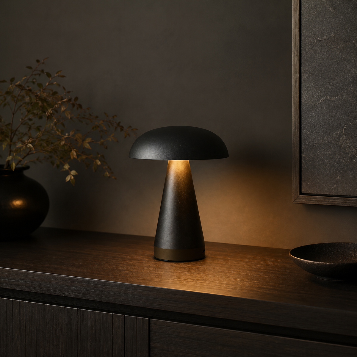 Danish Mushroom Touch Table Lamp Black on a dark warm sideboard
