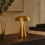 Danish Mushroom Touch Table Lamp Gold on a warm premium sideboard