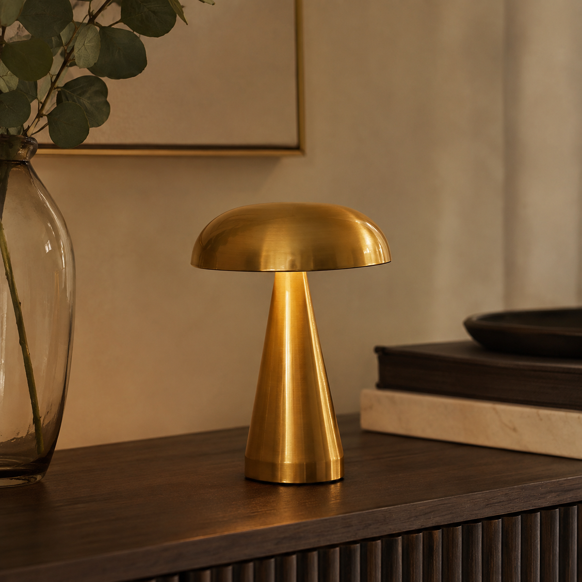 Danish Mushroom Touch Table Lamp Gold on a warm premium sideboard