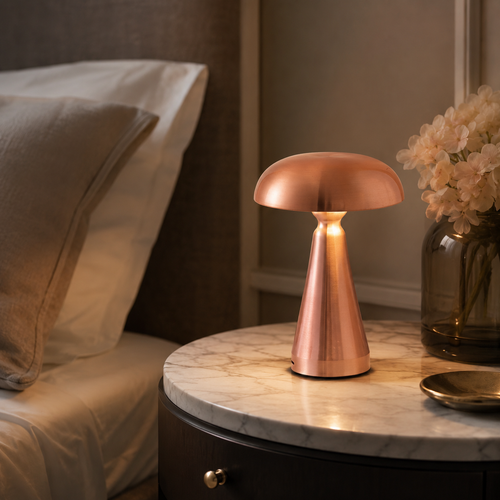 Danish Mushroom Touch Table Lamp Rose Gold in a warm premium bedroom