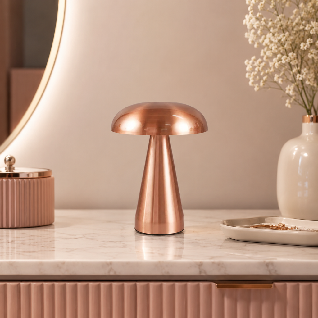Danish Mushroom Touch Table Lamp Rose Gold on a premium marble vanity