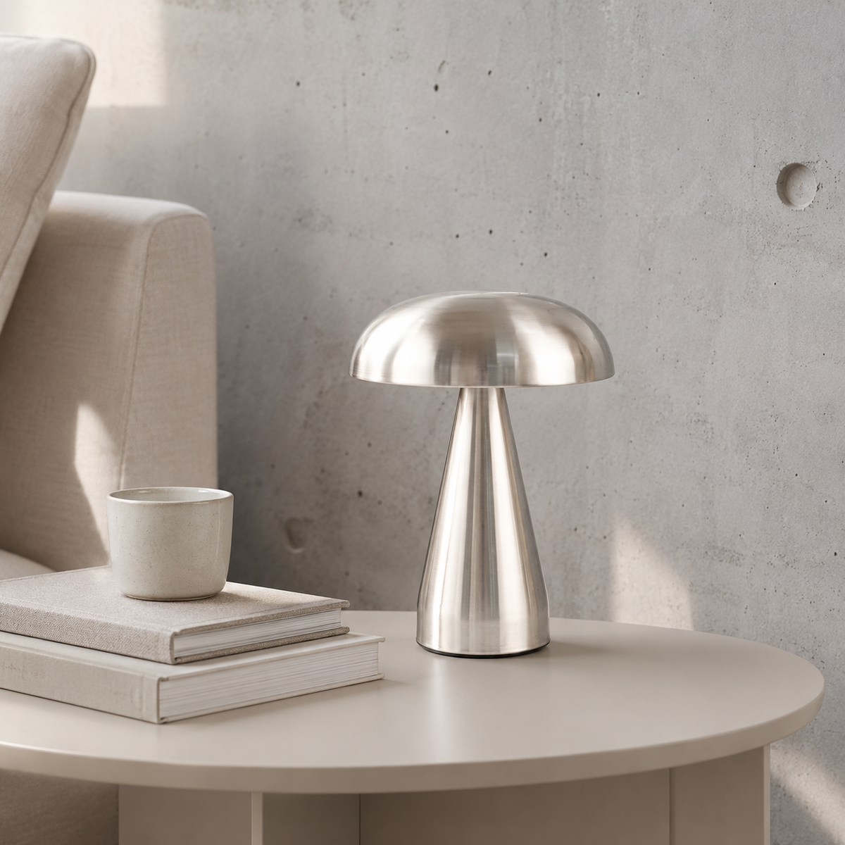 Danish Mushroom Touch Table Lamp Silver on a modern side table