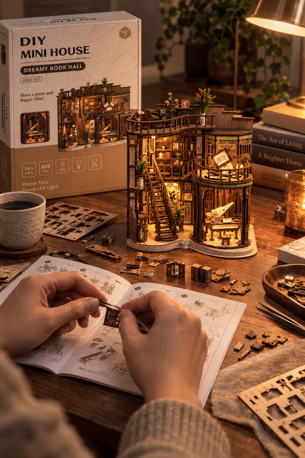 Dreamy Book Hall DIY miniature house being assembled by hand in a warm home setting