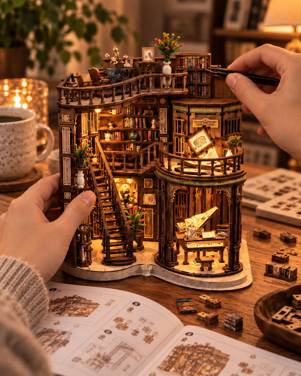 Dreamy Book Hall close-up building process with hands placing miniature details
