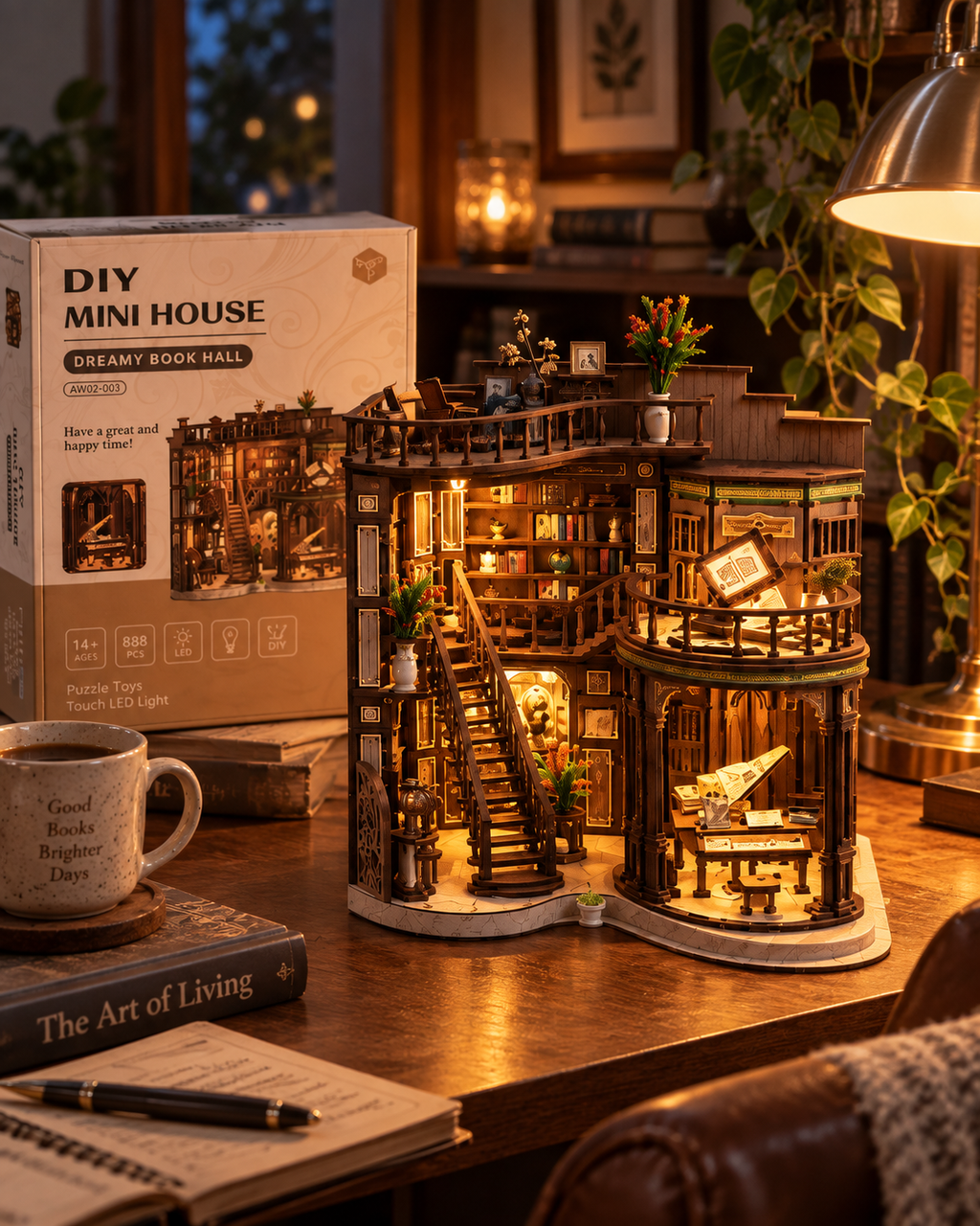 Dreamy Book Hall finished miniature model glowing in a warm home setting