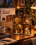 Dreamy Book Hall finished miniature model glowing in a warm home setting