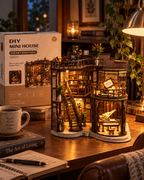 Dreamy Book Hall finished miniature model glowing in a warm home setting