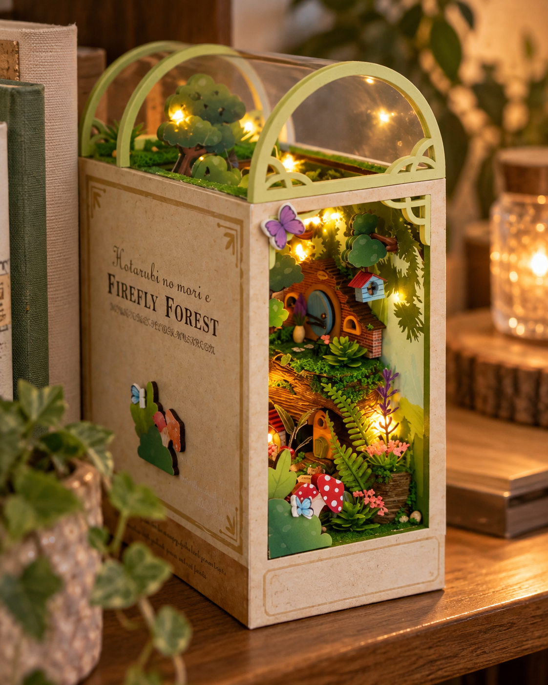 Forest of Fireflies miniature book nook close-up with warm LED lighting