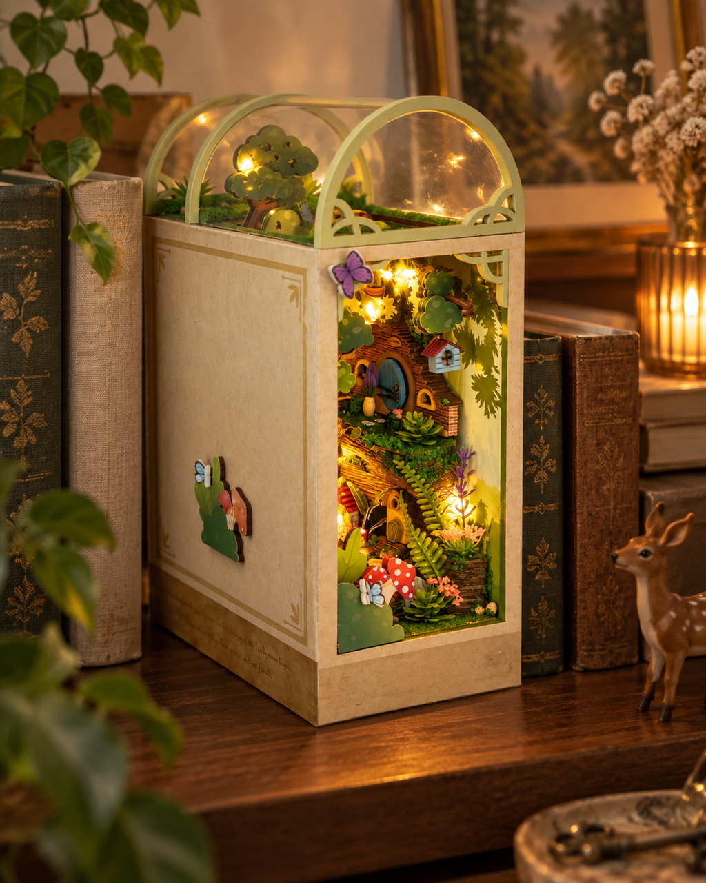 Forest of Fireflies miniature book nook glowing in a warm home setting