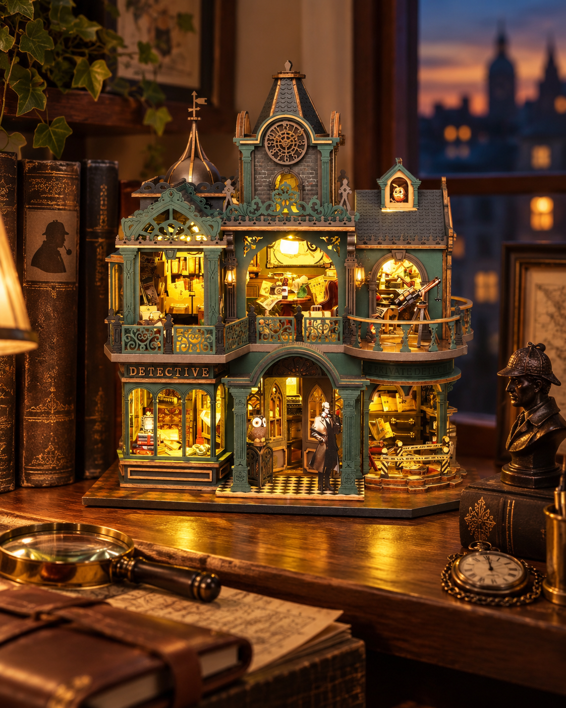 Green Detective Agency finished miniature displayed in a cosy evening setting