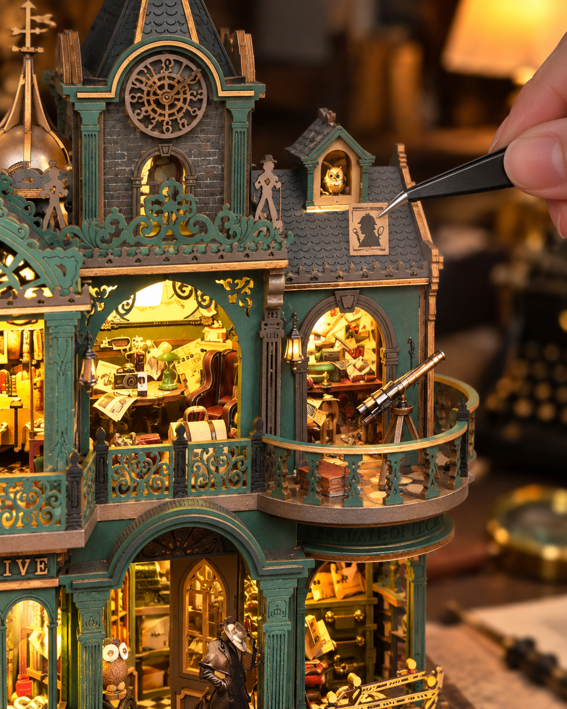 Green Detective Agency illuminated miniature with warm interior glow