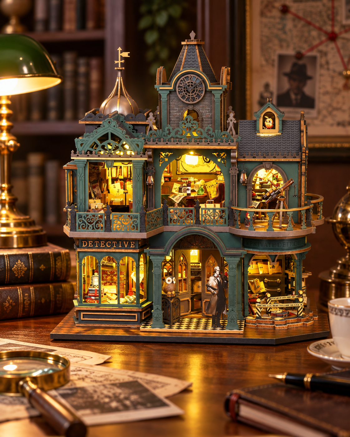 Green Detective Agency finished miniature model in a warm detective-inspired home setting