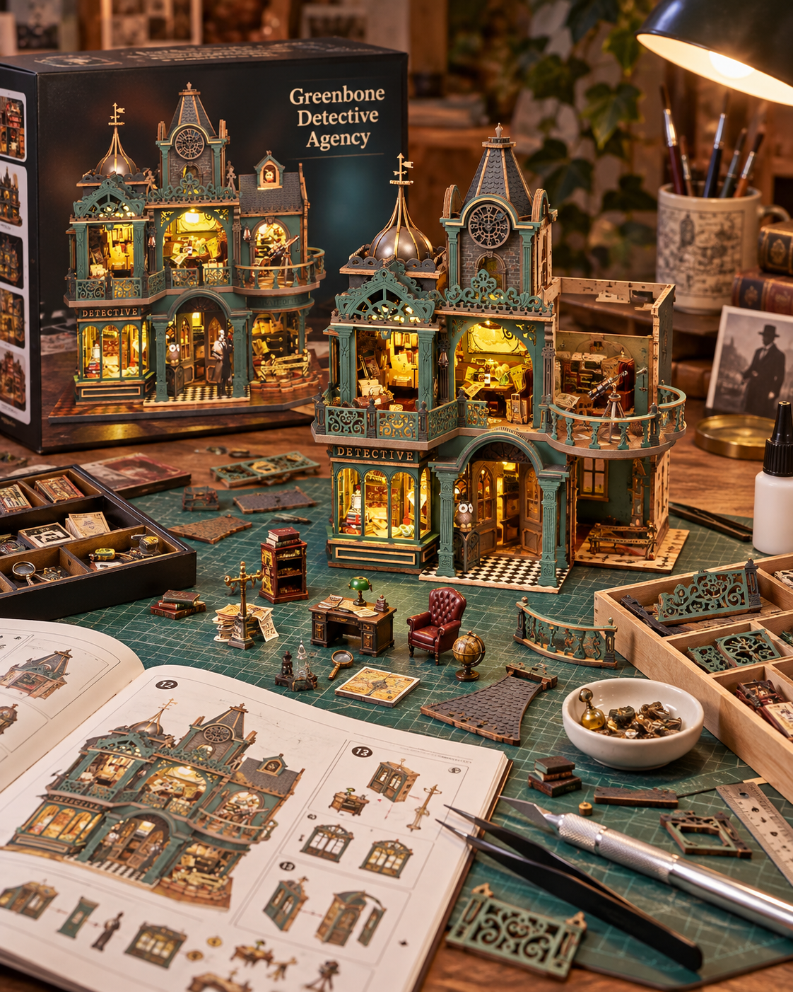 Green Detective Agency mid-build on a detailed craft workspace