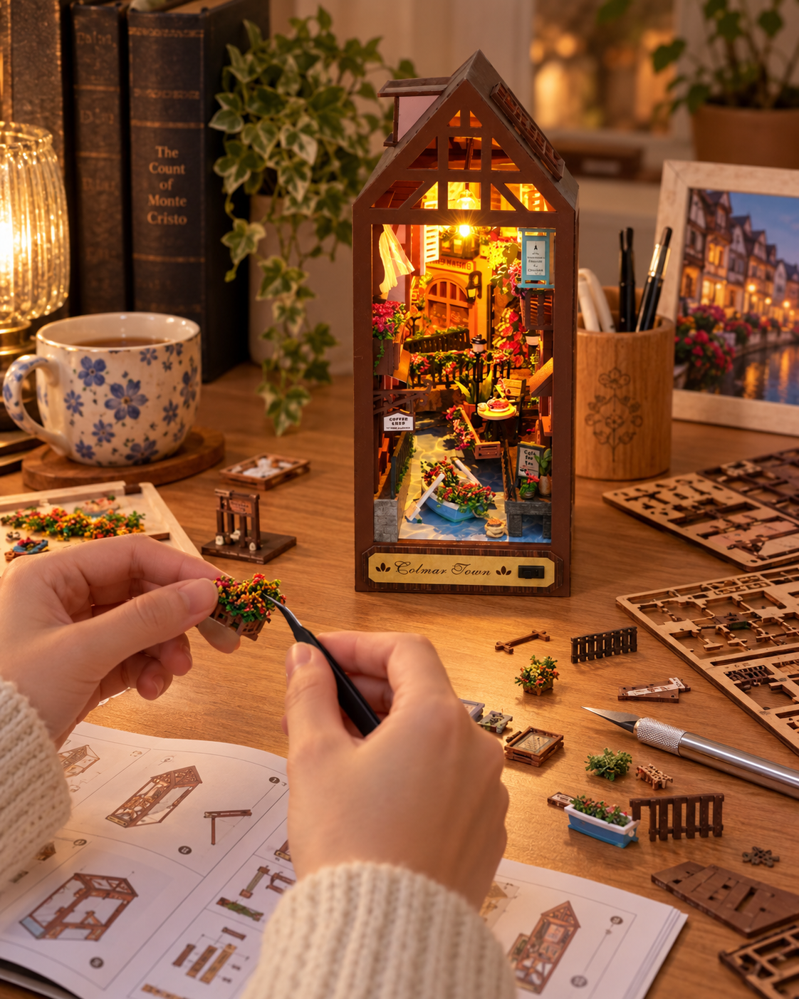Leisurely Years Colmar Town DIY miniature book nook being assembled by hand