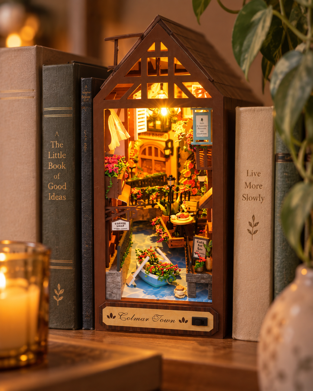Leisurely Years Colmar Town miniature book nook close-up with warm LED lighting