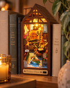 Leisurely Years Colmar Town miniature book nook close-up with warm LED lighting
