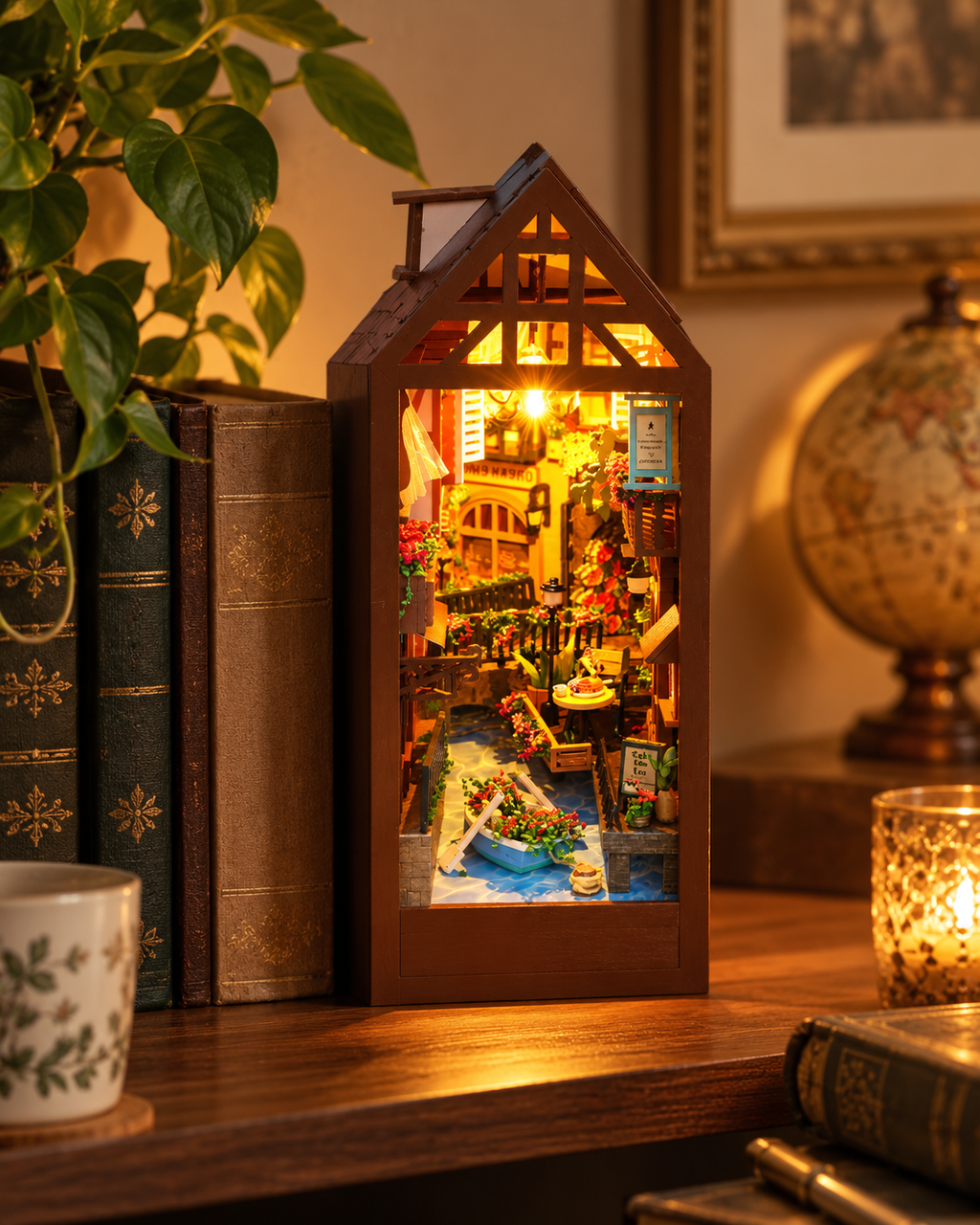 Leisurely Years Colmar Town miniature book nook glowing in a warm home setting