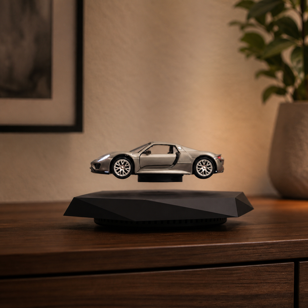 Grey model car levitating above its display base