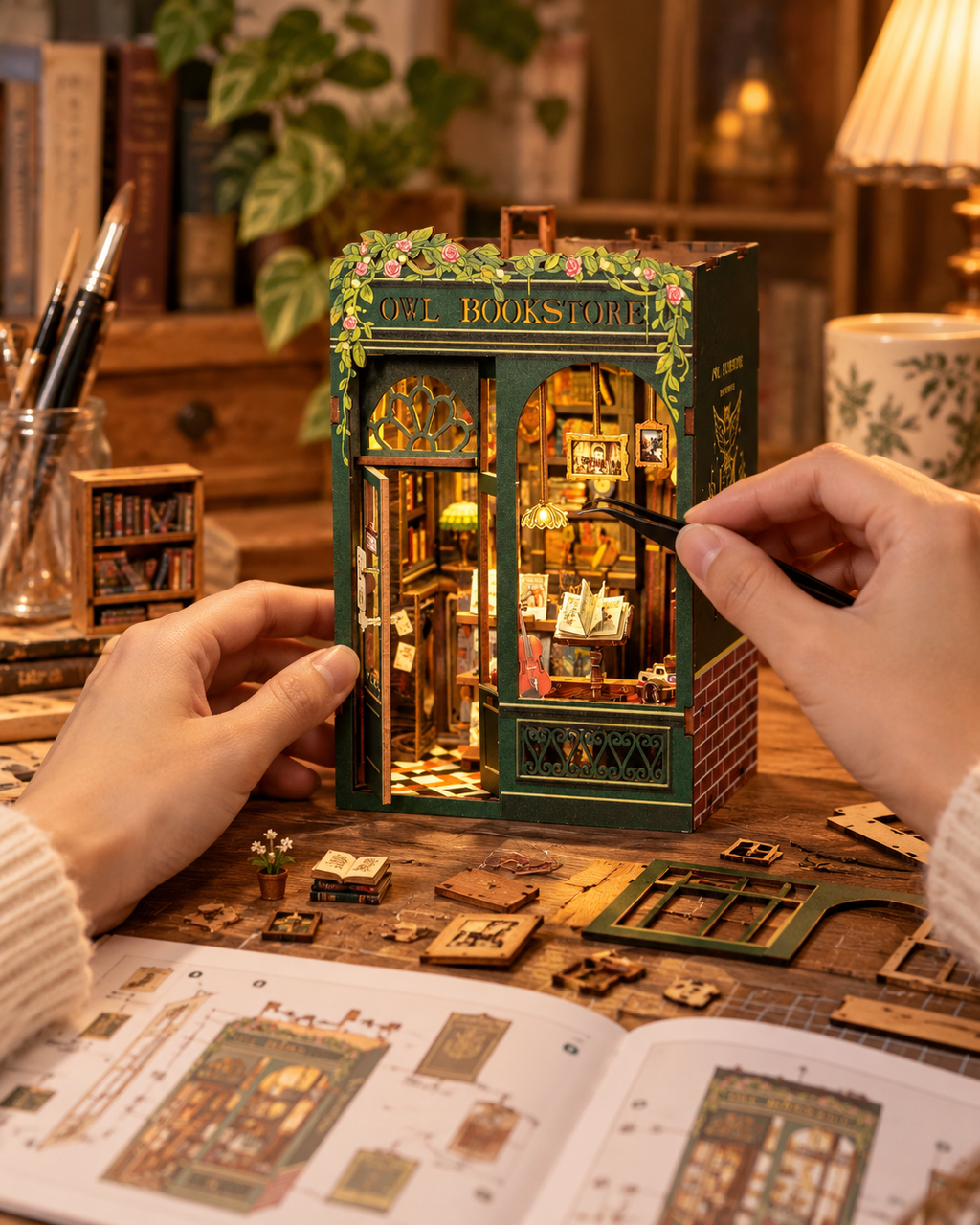 Owl Bookstore miniature book nook being assembled by hand with warm lighting