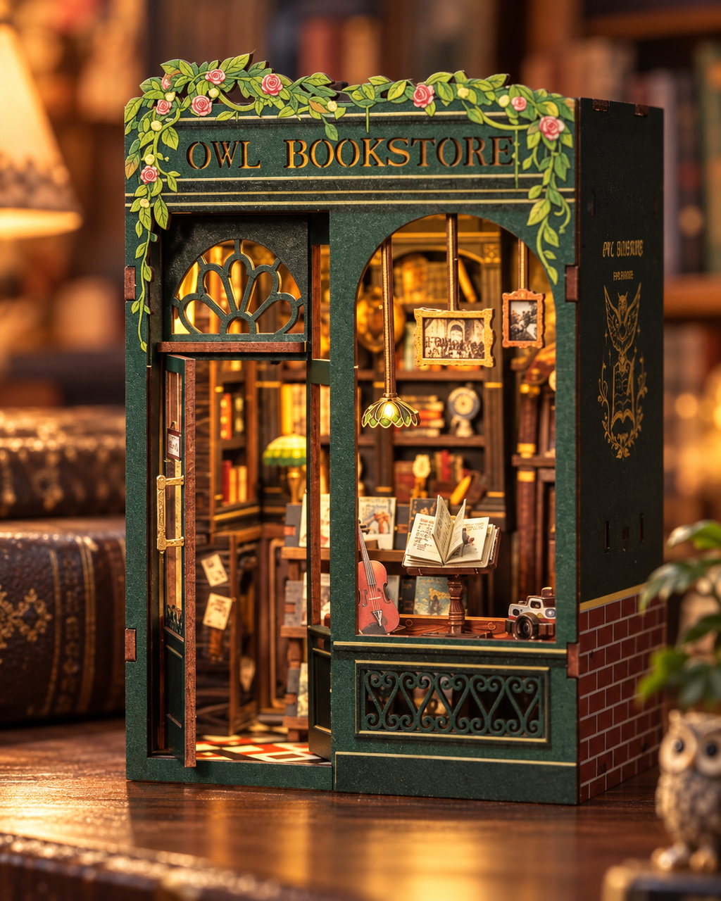 Owl Bookstore miniature book nook close-up in a cosy reading setting